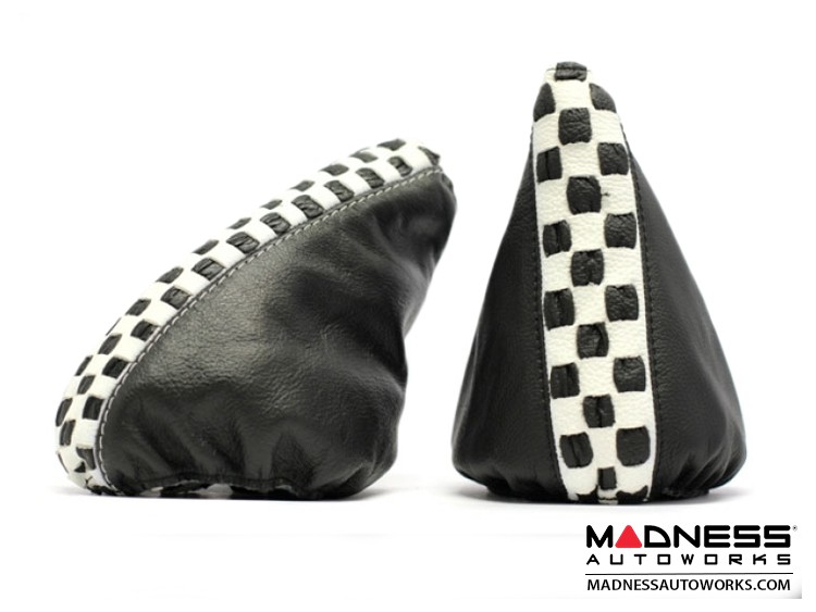 FIAT 500 Gear Shift Boot and eBrake Boot Set Black Leather w/ White